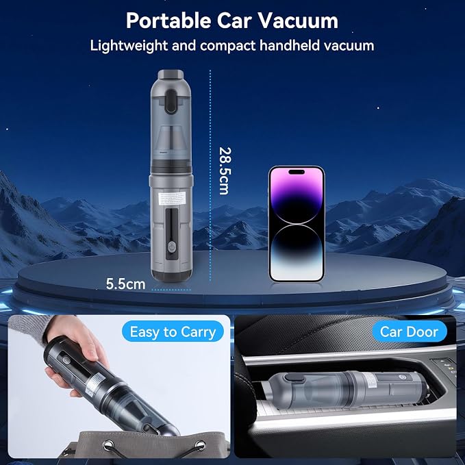OTraki Portable Cordless Car Vacuum 15000Pa Handheld Vacuum Cleaner | Rechargeable Hand Cordless with Crevice Tool, Rotating Nozzle, Charging Station, Large Dust Bowl for Home, Car, Office, Pet