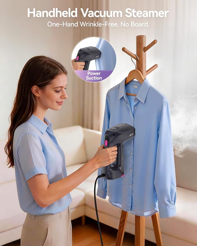 Vacuum Steamer for Clothes,3500Pa Suction Handheld Clothes Steamer,LED Display, Multiple Mode Adjustment,Steaming & Ironing 2 in 1,Portable Steamer No Board Needed, 160ml Water Tank (for 110‑120V)