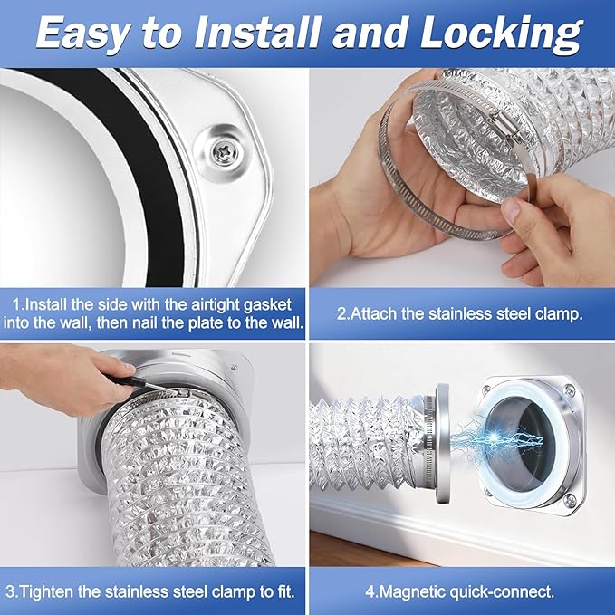 DVC-180 Magnetic Dryer Vent Connector Kit - 4 Inch Quick Connect Dryer Hose Coupling with 3.3ft Flexible Duct & 2 Clamps - Strong Self-Aligning Airtight Seal for Easy Cleaning & Tight Spaces