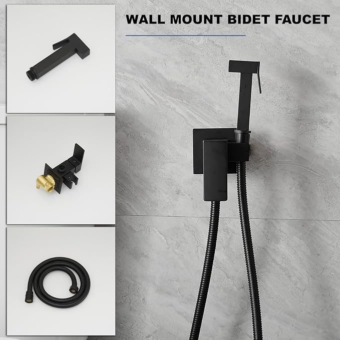 Warm Water Bidet Sprayer Faucet for Toilet with Hot and Cold Brass Valve, Stainless Steel Square Handheld Bidet Attachment Set, Wall Mounted, Matte Black