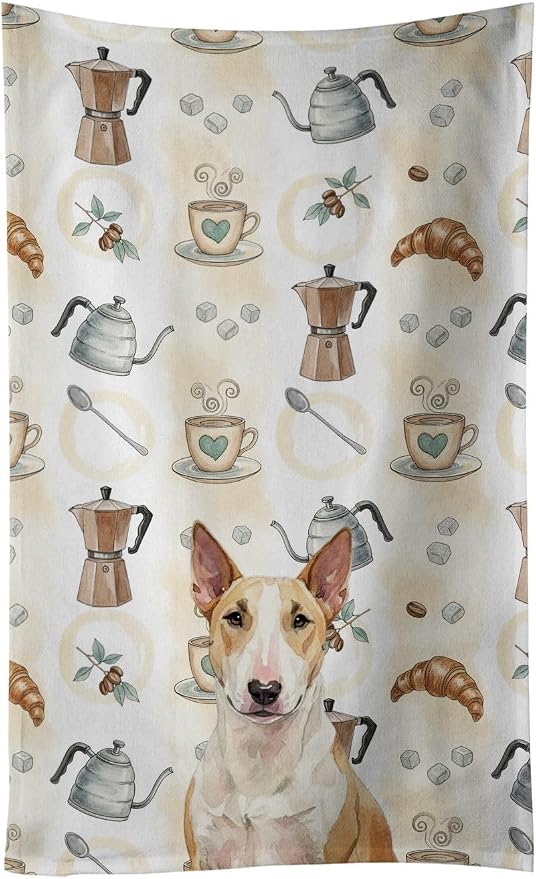 Caroline's Treasures Fawn and White Bull Terrier Coffee Bar Kitchen Towel Velour Plush Front and Cotton Loop Back Machine Washable