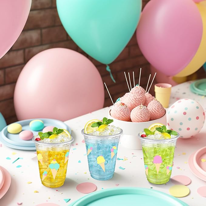 Uiifan 50 Pcs Ice Cream Party Supplies 12 oz Sprinkle Ice Cream Cups Bulk Summer Birthday Party Decorations Disposable Clear Plastic Drinking Cups for Sundae Milkshake Cold Food Soup Candies Summer