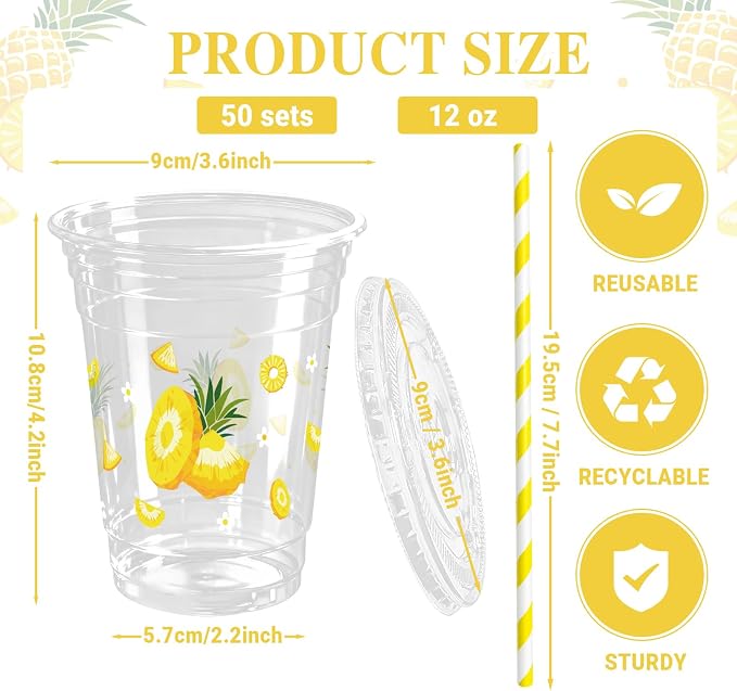 50 Sets Pineapple Plastic Cups with Lids Straws 12 oz Tropical Fruit Disposable Cups Summer Party Favor Drinking Beverage Cup for Baby Shower Birthday Party Supplies