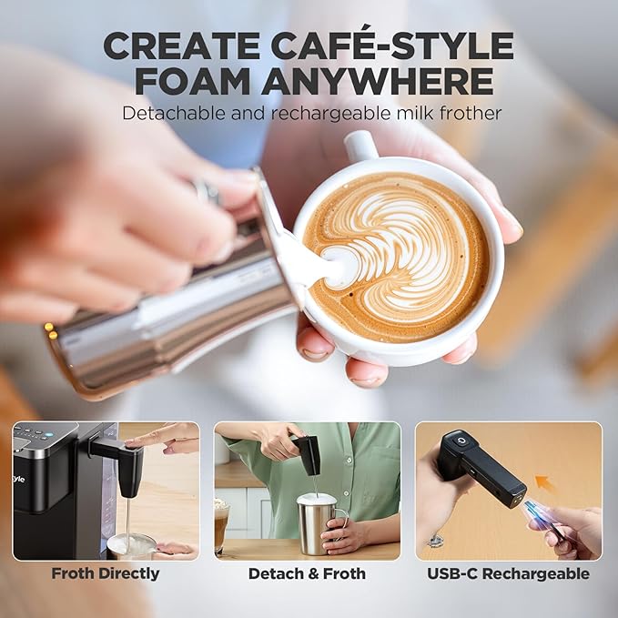 Tastyle Single Serve Coffee Maker with Built-in Detachable Milk Frother, with 30 Descaler Cleaner Tablets, Iced and Hot Coffee Machine for K Cup & Grounds, 40oz Removable Water Reservoir