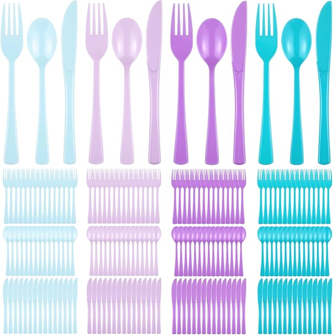 Minatee 180 Pcs Mermaid Plastic Silverware Heavy Duty Cutlery Sets Disposable Utensils for Holiday Birthday Themed Party Supplies, 60 of Each Forks Knives Spoons