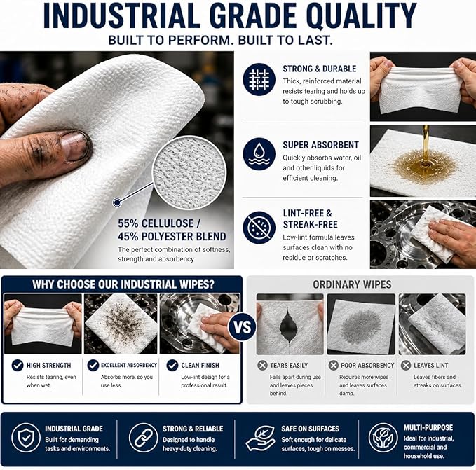 4 Rolls Industrial Cleaning Wipes Jumbo Roll, Heavy Duty Lint Free Shop Towels, Super Absorbent Reusable Cleaning Cloths for Garage Workshop Automotive, 500 Sheets 10 x 12 Inch (White, 10"X12")