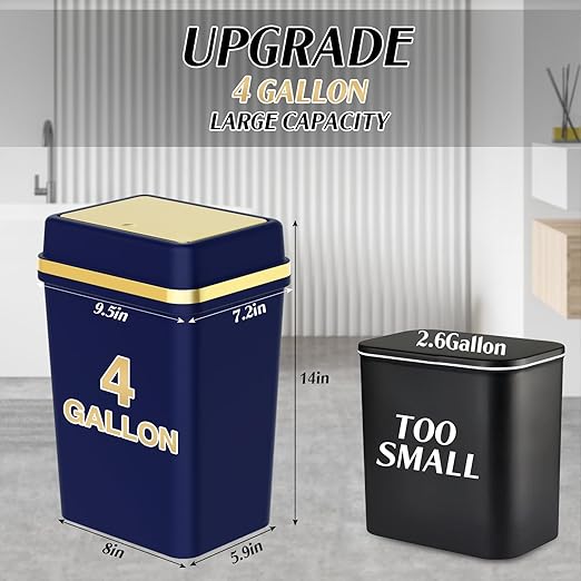 Bathroom Trash Can with Lid 4 Gallon Trash Can Navy Blue Trash Cans with Press Top Lid Bedroom Trash Can Small Garbage Can with 150 Counts Trash Bags for Small Bathroom Bedroom Office