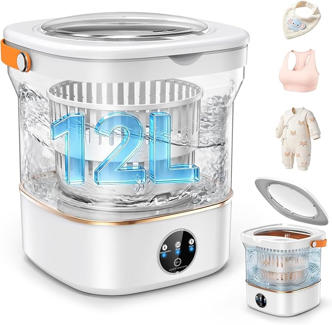 Portable Washing Machine, 12L Mini Washer with Spin Basket, 5/10 Min Wash & 4 Min Spin, Compact Portable Washer with Drain Hose for Baby Clothes, Underwear, Socks, Apartment, Dorm, RV