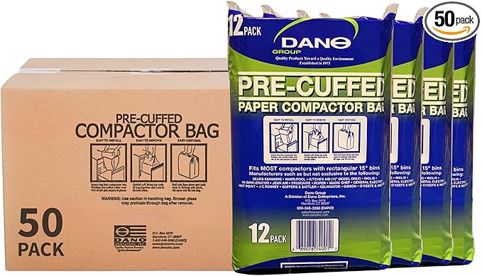 Dano Pre-Cuffed Paper Trash Compactor Bags (50 Pack) | Heavy Duty Kitchen Garbage Compactor Bags & Liners | 16 Gallon Precuffed Garbage Bag for Compactor | Eco-Friendly Compactor & Trash Bag