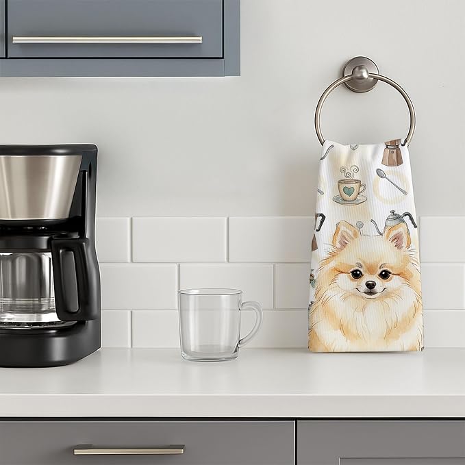 Caroline's Treasures Cream Pomeranian Coffee Bar Kitchen Towel Velour Plush Front and Cotton Loop Back Machine Washable