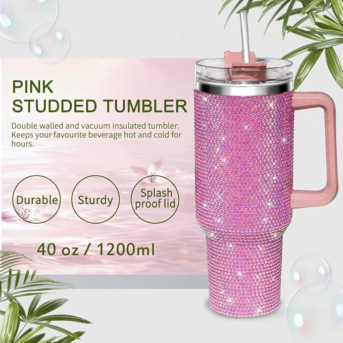 HWISDMIG 40oz Tumbler with Handle-Glitter Rhinestones Tumbler Bling Cups Stainless Steel Water Bottle Diamond Studded Tumbler for Women-Birthday Gifts for Women, Mom, Wife, Girlfriend (40 oz, Pink)