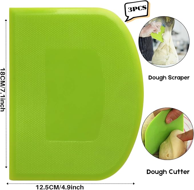 SURDOCA Dough Scraper Bench Scraper - 3P 7.1x4.9" Plastic Flexible Bowl Scraper, Sharp Edge & Angles Cake Scraper. Non-Slip Bakeware Decorating Tools Sculpting & Modeling Tools - Pure Green