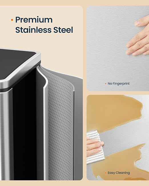 SONGMICS HOME Trash Can with 2 Compartments for Kitchen, Garbage Can with 15 Trash Bags, Silver