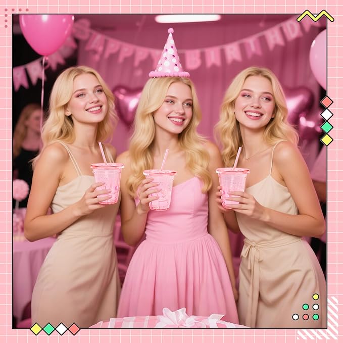 100 Set Pink Plastic Cups with Lids and Straws 12 oz Disposable Drinking Clear Cups for Wedding Pink Birthday Party Supplies