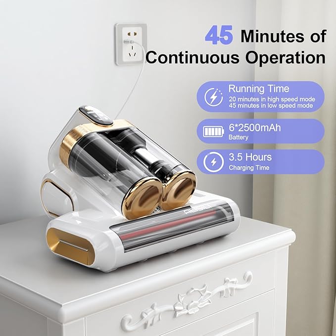 Bed Vacuum Cleaner, Mattess Vacuum with 16Kpa Powerful Suction 253.7nm UV-C Light, Ultrasonic Technology, 42000 RPM/Min Brushroll, Cordless Handheld Vacuum with Dual Bins for Dust, Pet Hair,etc