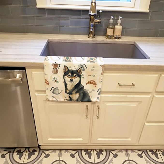Caroline's Treasures Black and Tan Shiba Inu Coffee Bar Kitchen Towel Velour Plush Front and Cotton Loop Back Machine Washable