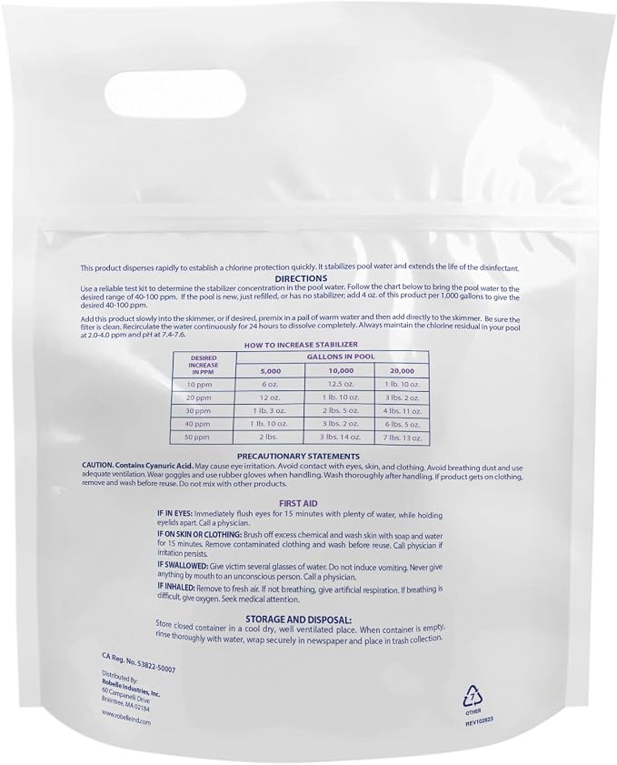 Robelle 4-Pounds Premium Chlorine Stabilizer and Conditioner, Concentrated Cyanuric Acid for Pools, Pool Stabilizer, Helps Chlorine Last Longer