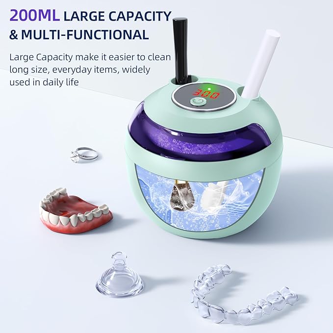 Ultrasonic Retainer Cleaner Machine, 45kHz Ultrasonic Denture Cleaner with 200ML Capacity & 4 Modes for Dental Cleaning Pod, Aligners, Mouthguards, Retainers, Jewelry, Green