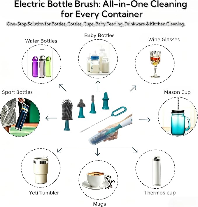 Electric Bottle Brush Set, 6-in-1 Electric Cleaning Brush with Waterproof Silicone Cleaner, 3 Replaceable Brush Heads, Straw Brush & Extension Rod, for Baby Feeding Supplies and Kitchen Utensils