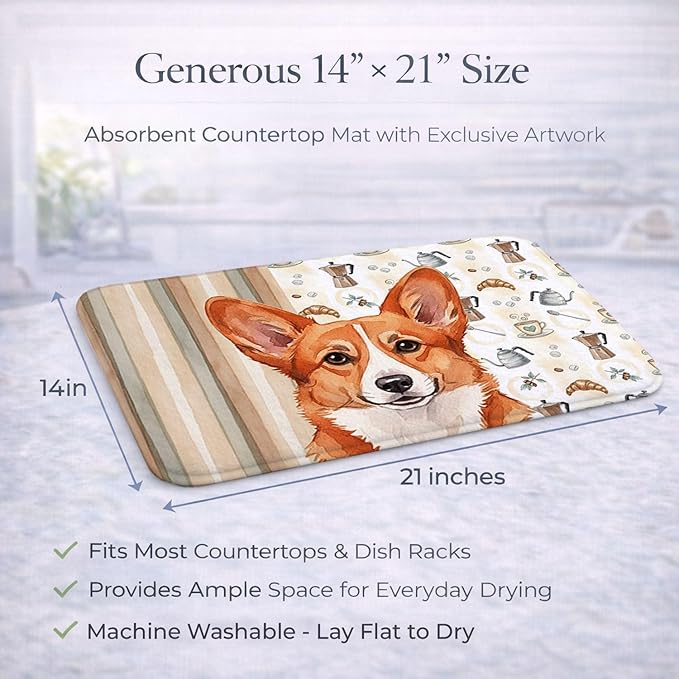 Caroline's Treasures Red Cardigan Welsh Corgi Coffee Bar Dish Drying Mat Absorbent Dish Drying Mat Pad for Kitchen Counter Dish Drainer Mat for Countertop, 14 x 21", Multicolor