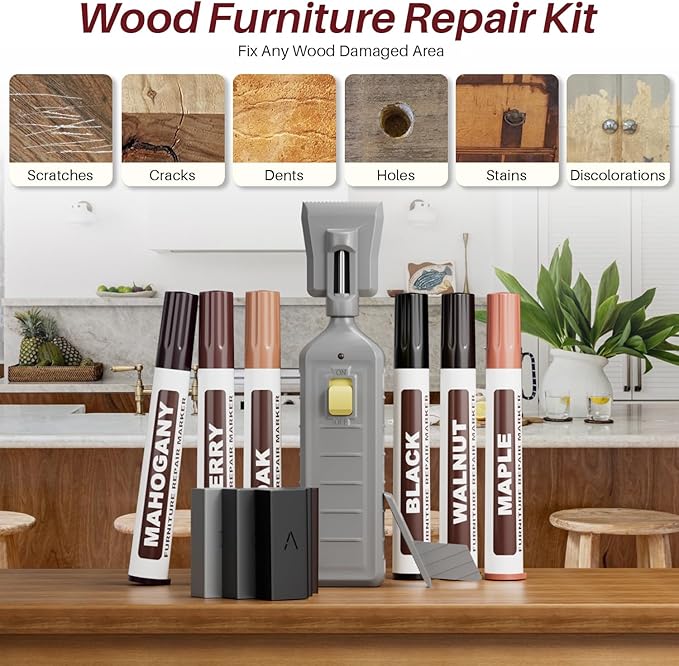 Wood Floor Repair Kit, 6 Color Hard Wax Laminate Flooring Repair Kit with Heat Pen, Vinyl Laminat Furniture Touch Up Marker Restore Scratches, Stains, Cracks, Holes for Wooded Floor,Door,Table,Cabinet