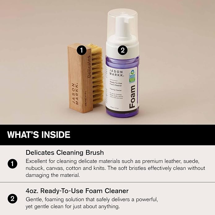 Jason Markk Quick Clean Kit & Ultra Delicates Brush, 3-Piece Bundle, Ready-To-Use Foam & Delicates Brush, Sneaker Care, Ideal for Footwear, Safe for Leather, Suede, Nubuck, Cotton, Knits, 4oz