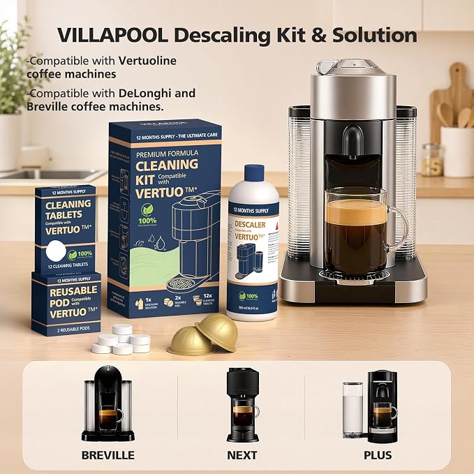 Descaling Kit Compatible with Nespresso Vertuo, 12 Month Supply-Includes 1 Bottle of Descaling Solution, 12 Cleaning Tablets & 2 Reusable Pods, Cleans Pod Area & Limescale, for Vertuoline