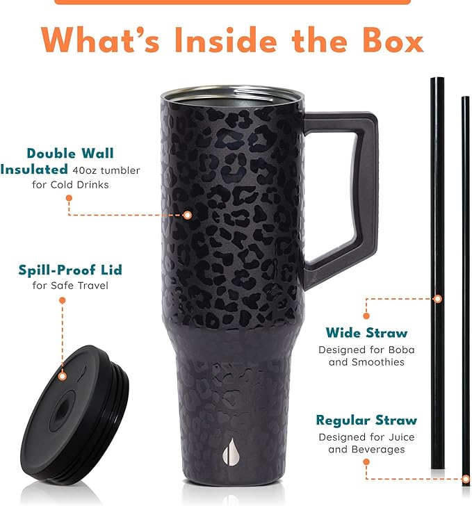 Elemental 40 oz Tumbler with Handle and Straw - Spill Proof Insulated Stainless Steel Commuter for Cold Beverages - Travel Coffee Mug with 2 Straws & Spill Proof Lid - 40oz - Black Leopard