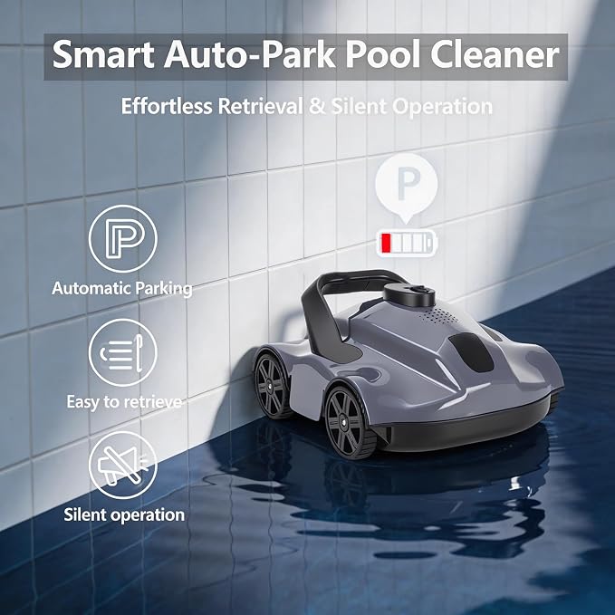 Cordless Robotic Pool Vacuum for Above Ground Pools, Rechargeable Automatic Pool Cleaner with Auto Parking,Efficient Filtration for Above Ground Pool Vacuum Robot