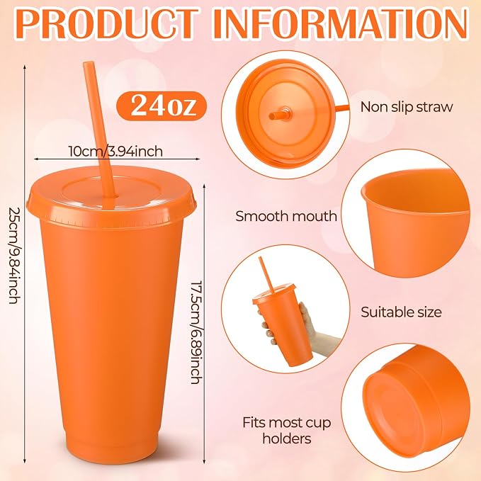 Honeydak 60 Pack Tumbler with Straw and Lid Bulk Cups for Gifts Water Bottle Iced Coffee Travel Mug Cup Reusable Plastic Tumblers for Party Birthdays 24-27 oz (Orange Color)