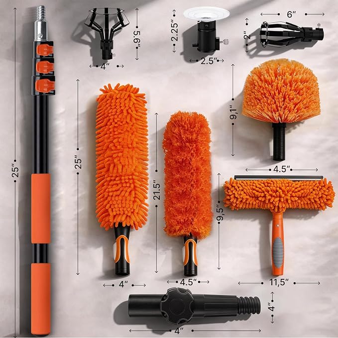 20ft Light Bulb Changer & High Ceiling Duster Kit, 4-12ft Extension Pole | 9Pcs High Duster Kit - Heavy Duty Extansion Pole, Ceiling Fan Duster, Cobweb & Microfiber Duster, Window Squeegee & Cleaner