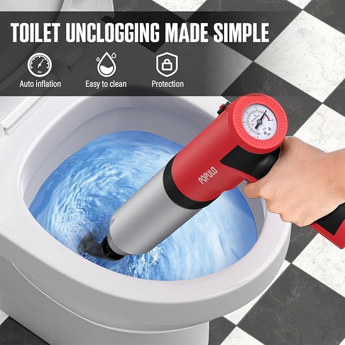 POPULO Electric Toilet Plunger, Air Power High Pressure Drain Clog Remover - Heavy Duty Toilet Unclogger Tool for Bathroom, Floors, Shower