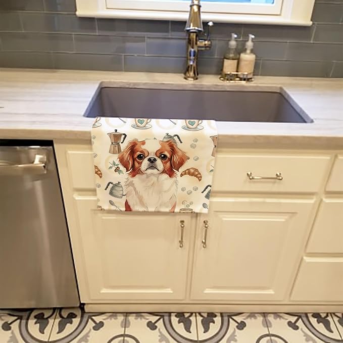 Caroline's Treasures Red and White Japanese Chin Coffee Bar Kitchen Towel Velour Plush Front and Cotton Loop Back Machine Washable