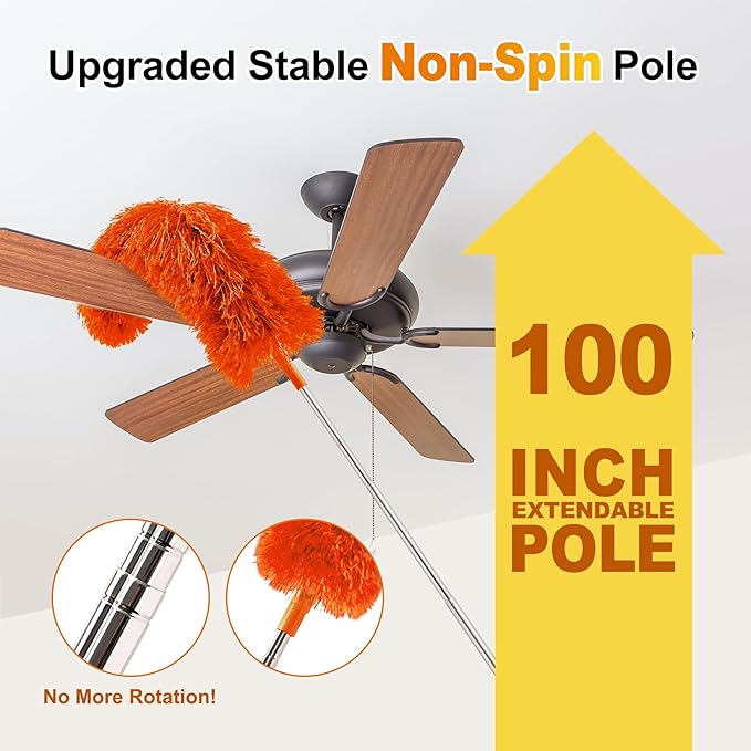Tiumso 5-in-1 Duster with Extension Pole 100” Extendable Dusters for Cleaning Reusable Anti-Spin Dusting Kits for High Ceiling Fans, Cobwebs & Vents, Reinforced Stainless Steel Telescopic Handle