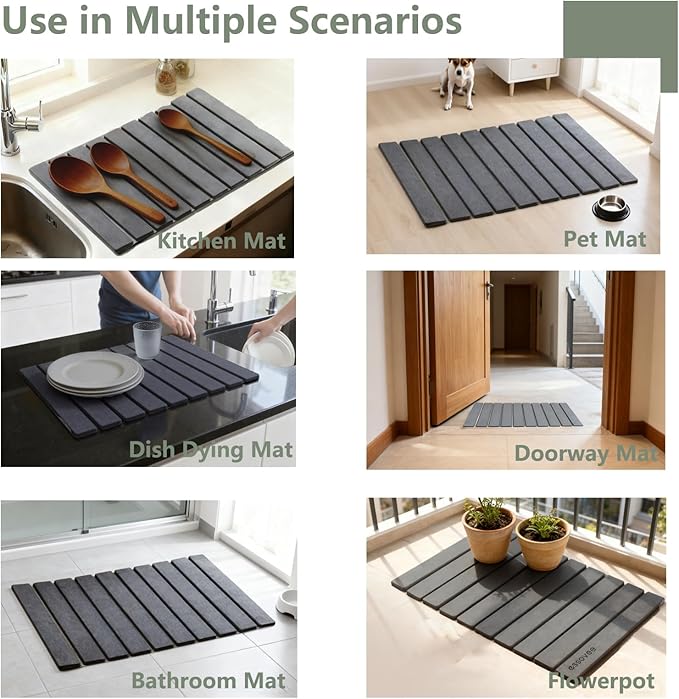 Large Stone Dish Drying Mat for Kitchen Counter, 24"×16" – Quick Drying Diatomaceous Earth, Super Non-Slip, Absorbent, Birthday Gfts for Women Mom Grandma (2PCS Dark Gray, 24" x 16"& 8" x4 ")