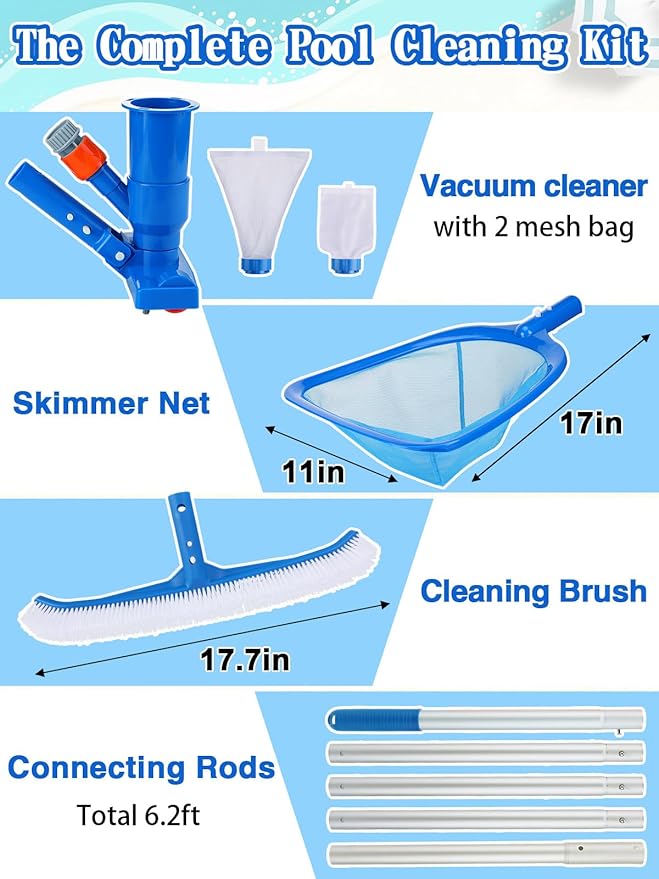 3-in-1 Portable Pool Cleaning Kit for Above Ground Pools - Includes Vacuum Cleaner with Mesh Bags, Brush, Skimmer Nets, 6.2ft Adjustable Pole for Spas, Inflatable or Frame Swimming Pools Maintenance