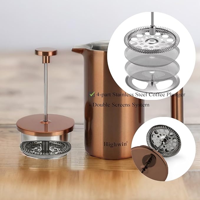 8-Cup Double Wall Insulated Stainless Steel French Coffee Press, 32-Ounce Durable Coffee Tea Maker with Stainless Steel Plunger, Copper