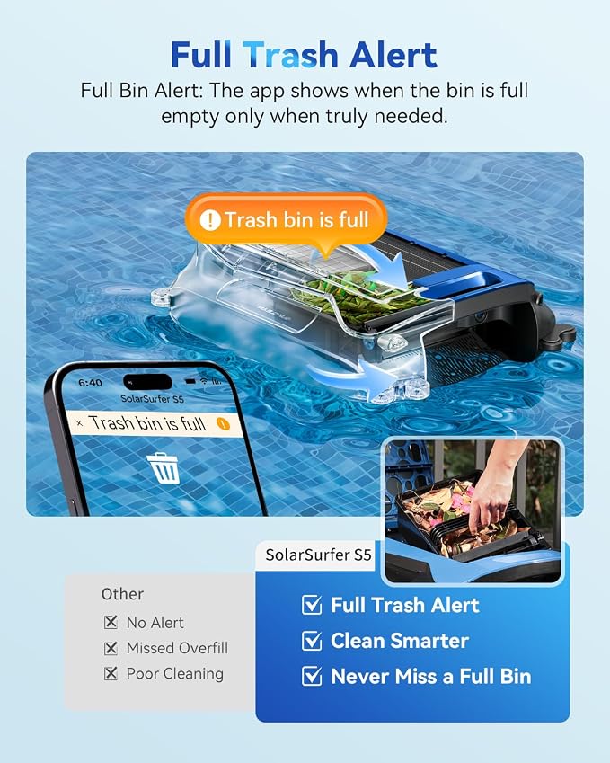 24/7 Solar Powered Pool Skimmer Robot with APP Support, Automatic Electric Floating Surface Cleaner for Above Ground & Inground Pools, Auto Robotic Pool Skimmer Bluetooth Control（Blue）