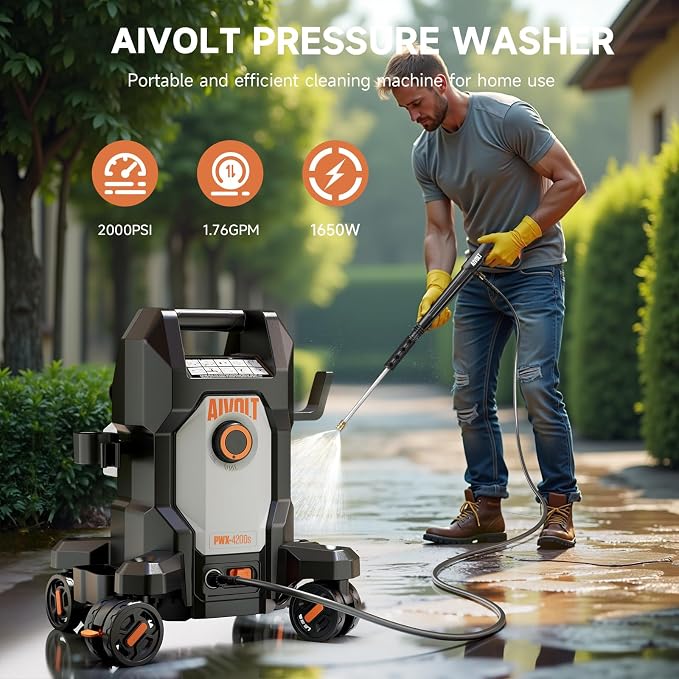 AIVOLT Electric Pressure Washer,5000PSI Power Washer with Anti-Tipping 4-Wheel Design, 4 Quick-Connect Nozzles, Foam Cannon, Spray Gun & Cleaning Brush Set for Cars, Driveways, Fences, Patios & Home