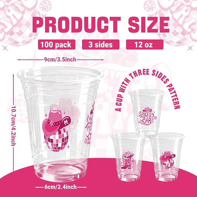 100 Pcs Pink Western Cowgirl Party Plastic Cups 12 OZ Disco Disposable Cups, Cowboy Hat Boot & Disco Ball Designs, Disco Cowgirl Party Baby Shower Decorations
