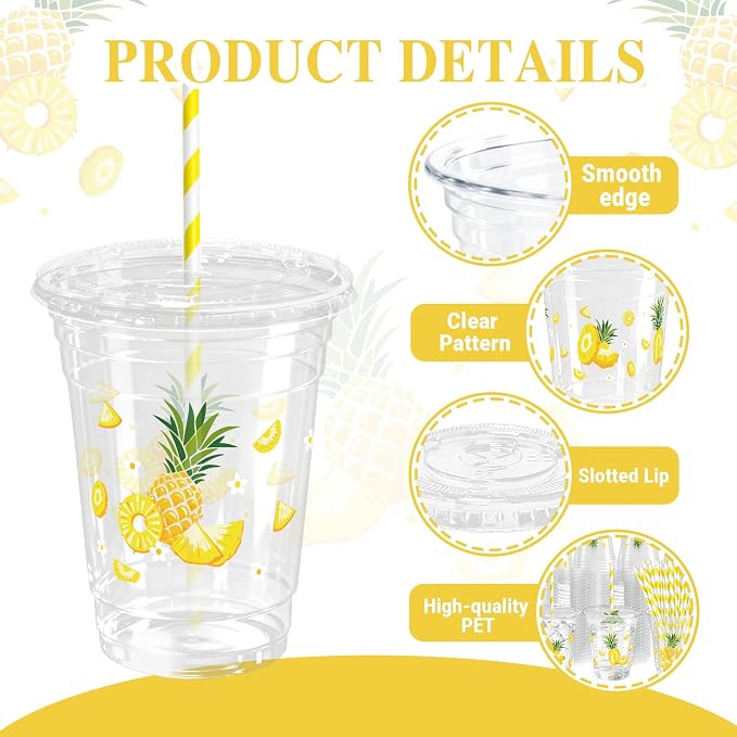 50 Sets Pineapple Plastic Cups with Lids Straws 12 oz Tropical Fruit Disposable Cups Summer Party Favor Drinking Beverage Cup for Baby Shower Birthday Party Supplies