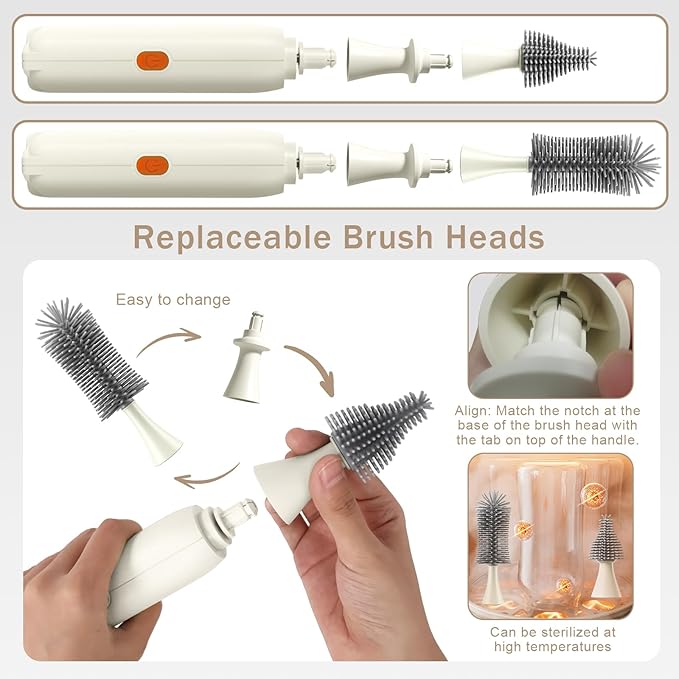 Electric Bottle Brush Cleaner Set, USB Rechargeable 360° Spin Baby Bottle Cleaner with 2 Brush Heads & Straw Brush, Waterproof, High/Low Speed, Portable Travel Cleaning Kit, White