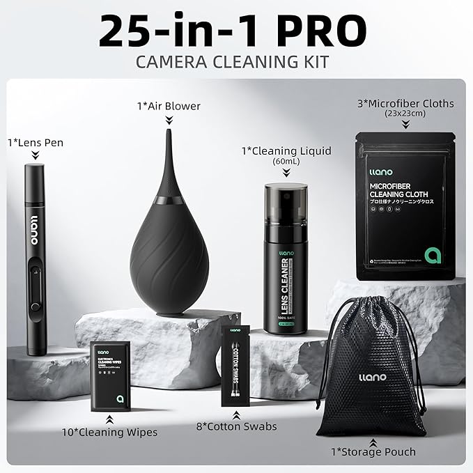 llano 7-in-1 Camera Lens Cleaning Kit with Cleaning Solution 60ml, Swab, Pen, Air Blower, Nano-Fiber Cloth, Wipes, Storage Bag, Multifunctional Cleaning Kit for Computer PC MacBook iPhone Camera