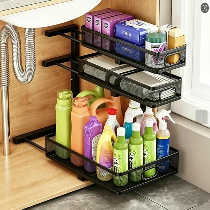 2 Pack Under Sink Organizer, 3-Tier Pull Out Kitchen Cabinet Organizer, Height Adjustable Metal Slide Out Bathroom Storage Makeup Drawer Rack for Bedroom Office Laundry Pantry Home Organization, Black