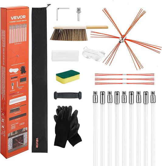 VEVOR Chimney Sweep Kit, 30 ft Maximum Extendable Length Chimney Sweep, Chimneys Cleaning Kit with Bristle Replacements & Goggles, 90° Bendable Fireplace Cleaning Tool, for Square, Rectangle Chimneys