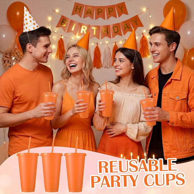 Honeydak 60 Pack Tumbler with Straw and Lid Bulk Cups for Gifts Water Bottle Iced Coffee Travel Mug Cup Reusable Plastic Tumblers for Party Birthdays 24-27 oz (Orange Color)