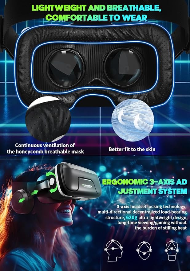 VR Headset with Headphones for Smartphones, 120° FOV, Aspherical Lenses & Built-in Headphones for 3D Movies and Games