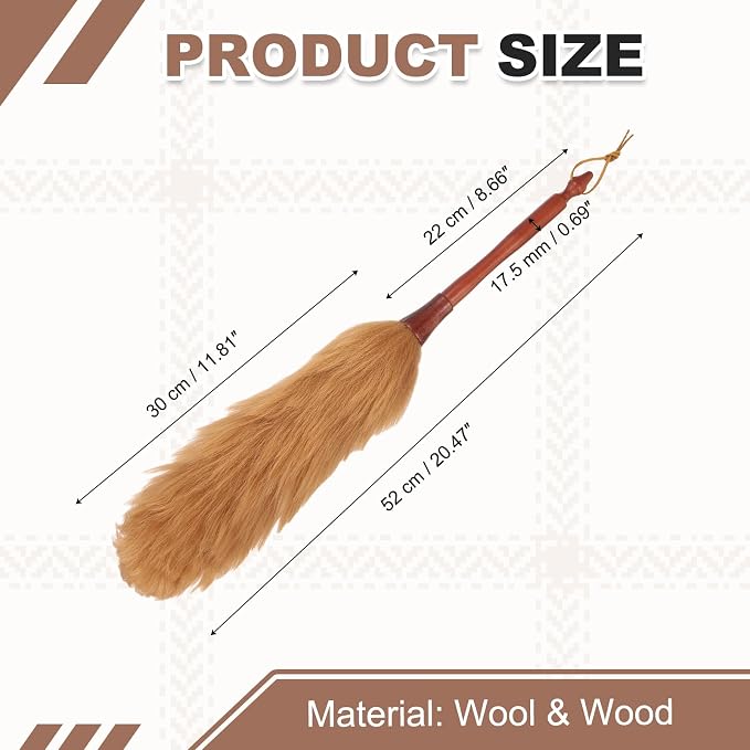 uxcell Wool Duster, 20.5" Natural Feather Cleaner Household Cleaning Duster with Solid Wooden Handle for Cleaning Fans Window Blinds Shelves Furniture, Light Brown