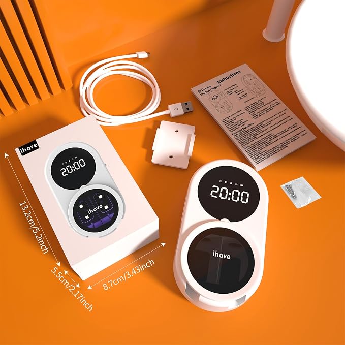 iHave UV Toothbrush Sanitizer Holder 2 Slots Wall Mounted Wave Sensor Auto | UVC+Ion 360 Dual Disinfection (No Dead Zone) • 4H Auto-Cycle (Bacteria Regrow in 4-8H) • Heat & Fan Drying • LED Time Display