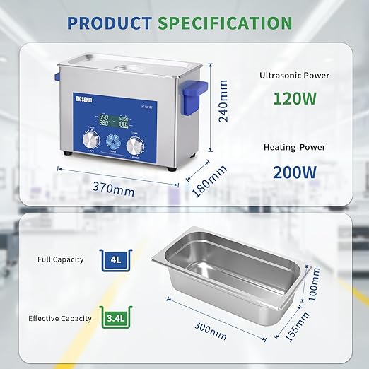 DK SONIC Ultrasonic Cleaner 4L 120W, Ultrasonic Jewelry Cleaner with Intelligent Mechanical Timer, Heater &Power Adjustable Function for Glasses, Necklaces, Watches Cleaning